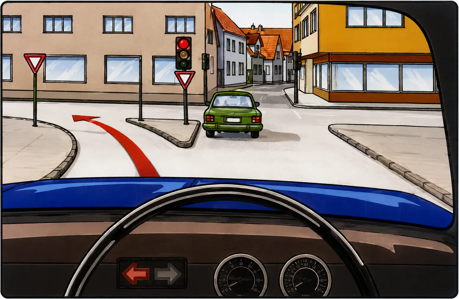 Driver's view at a junction with traffic lights red, a green car on the left, and yield signs